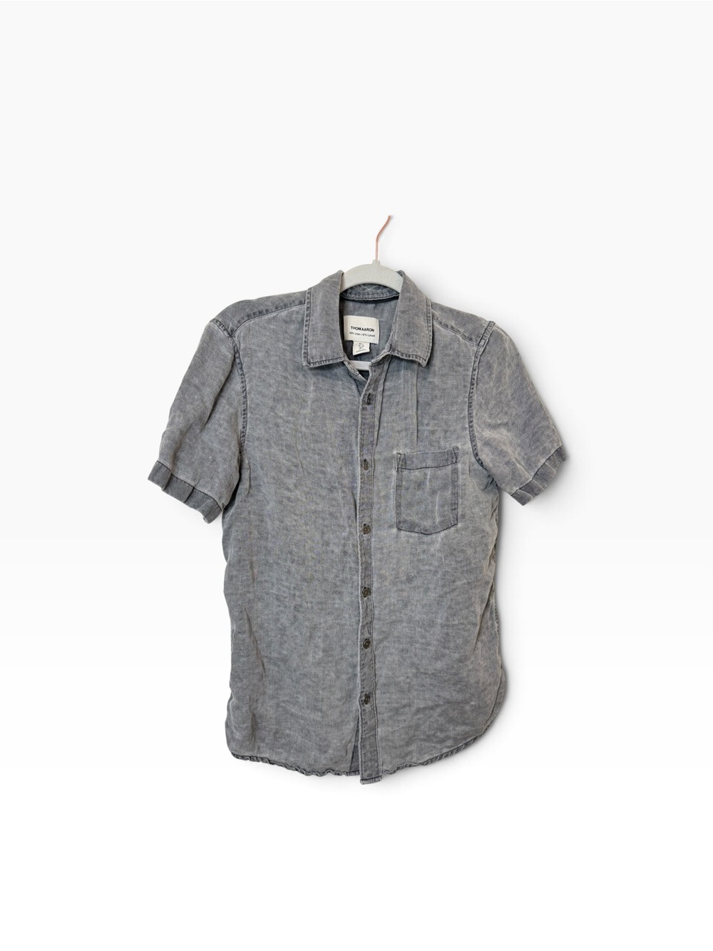 Thom Aaron gray linen-lyocell blend short-sleeve button down shirt size small